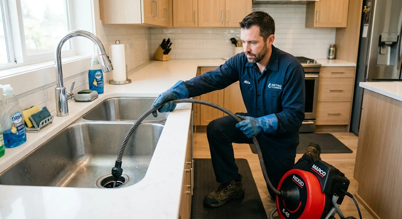 Drain cleaning technician using a motorized snake on a kitchen sink in Enfield