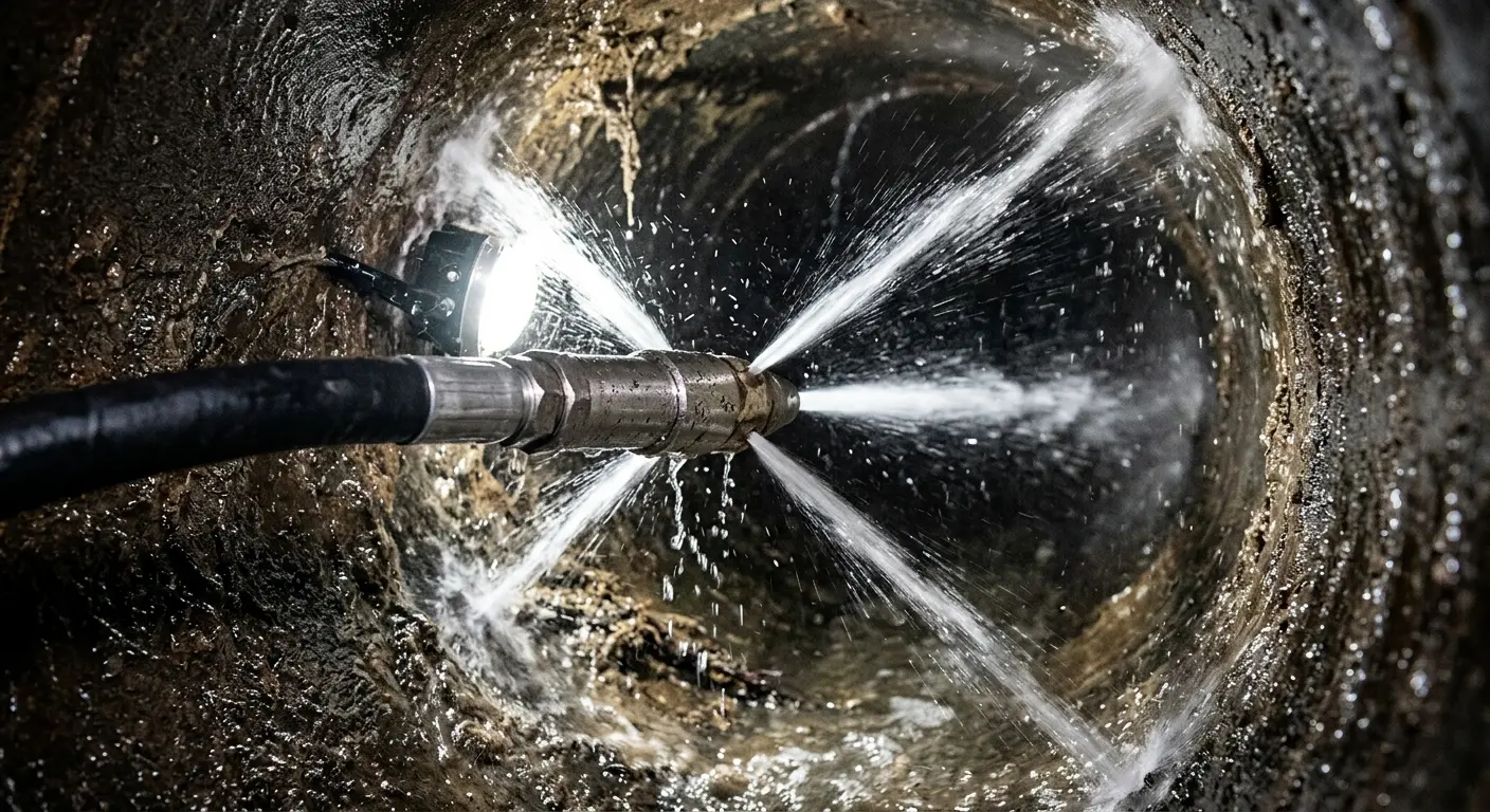 High-pressure hydro jetting nozzle cleaning sewer pipe for Trenchless Sewer Repair in Enfield