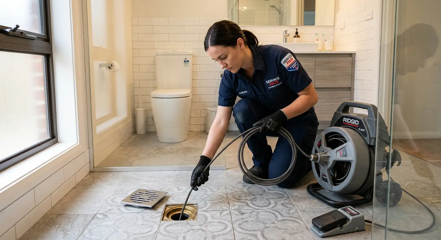 Technician clearing a bathroom floor drain for Drain Repair in Enfield
